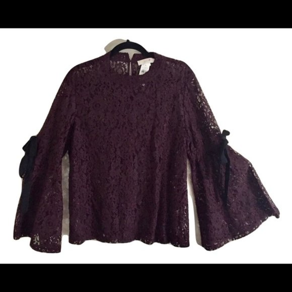 LOFT | Plum/Merlot Lace Bell Tie-Sleeve To… - Picture 3 of 7